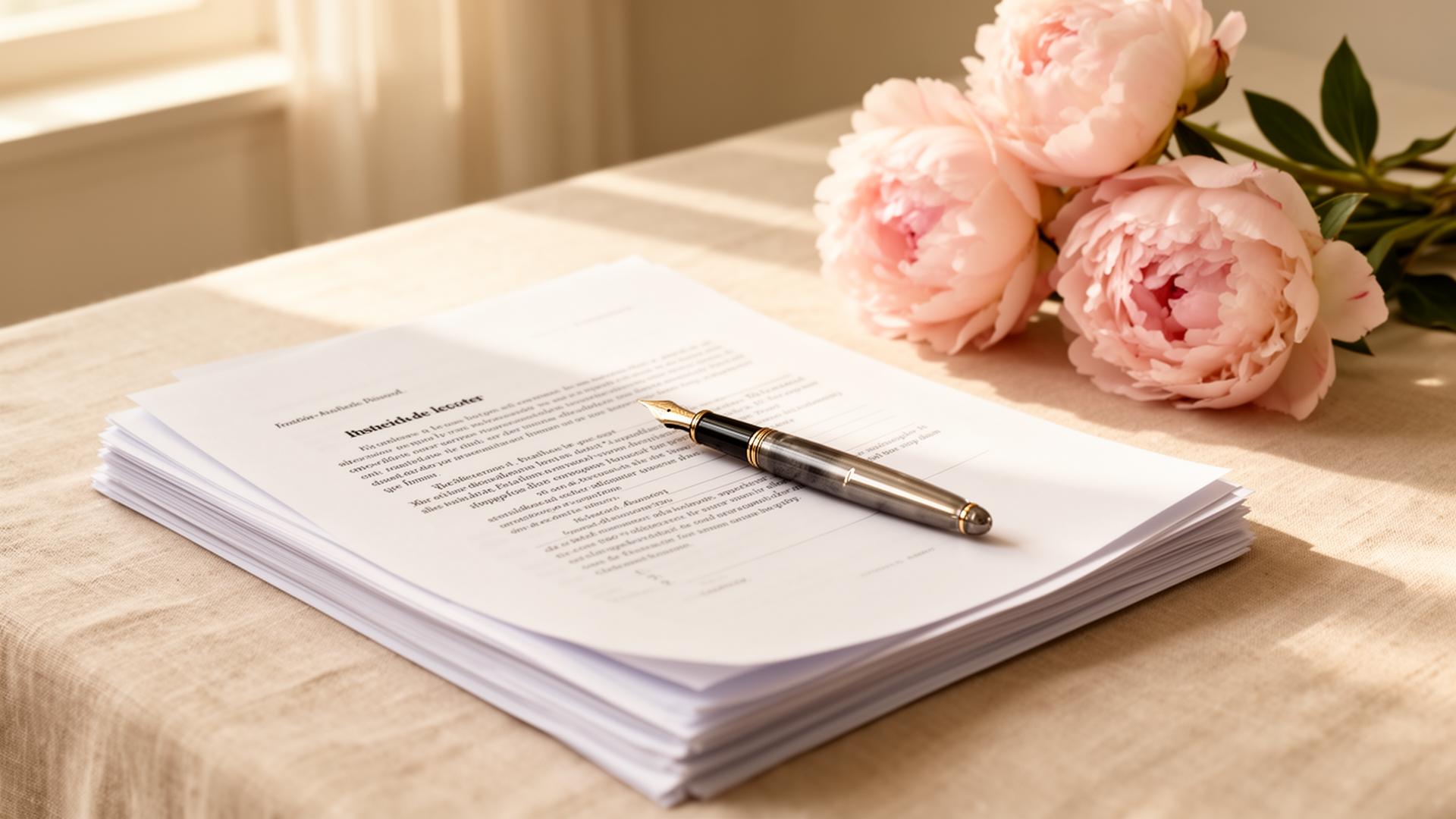 Documents and pink peonies on a sunlit desk